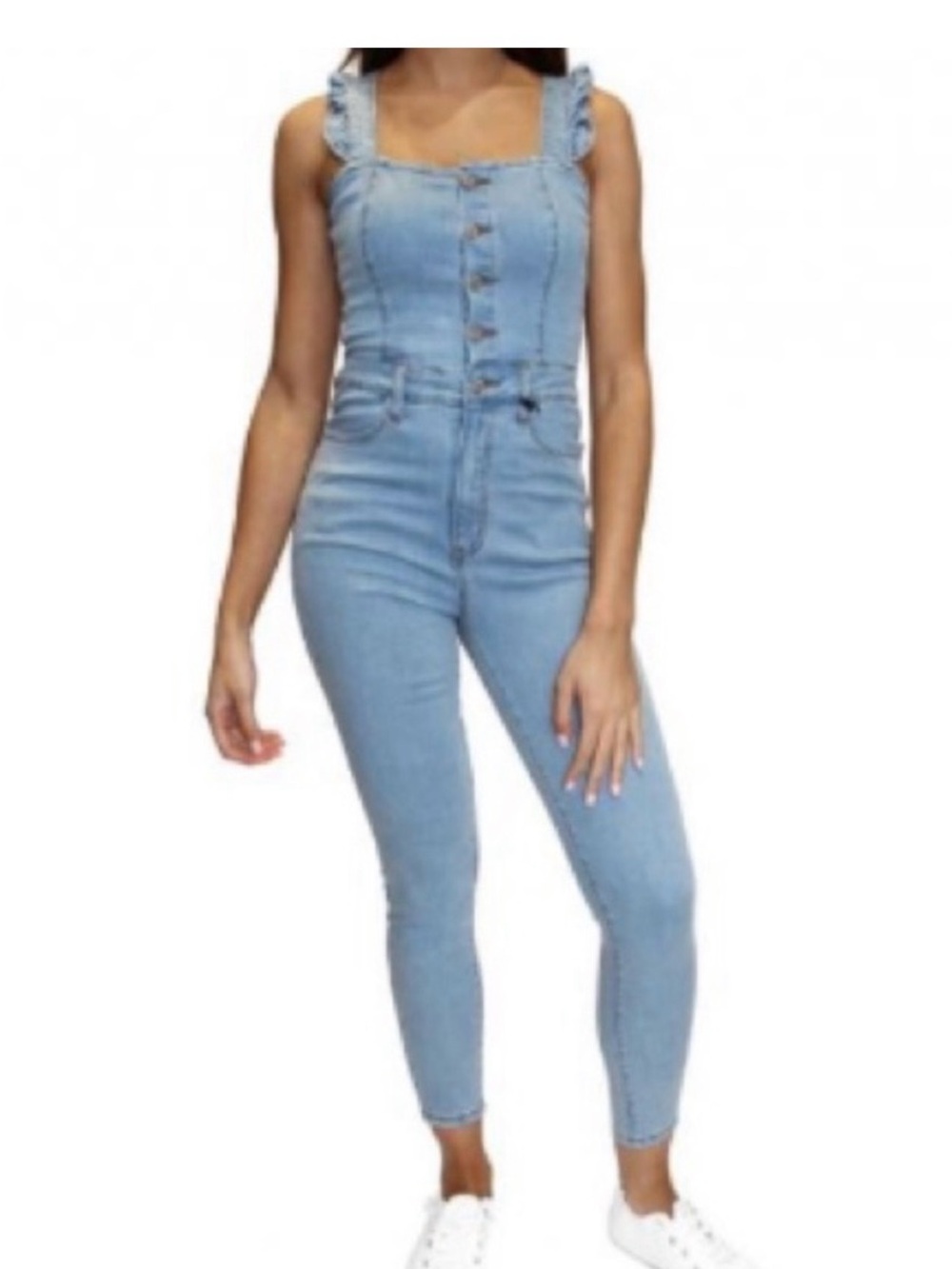 Almost Famous Light Blue Ruffle-Strap Denim Overalls